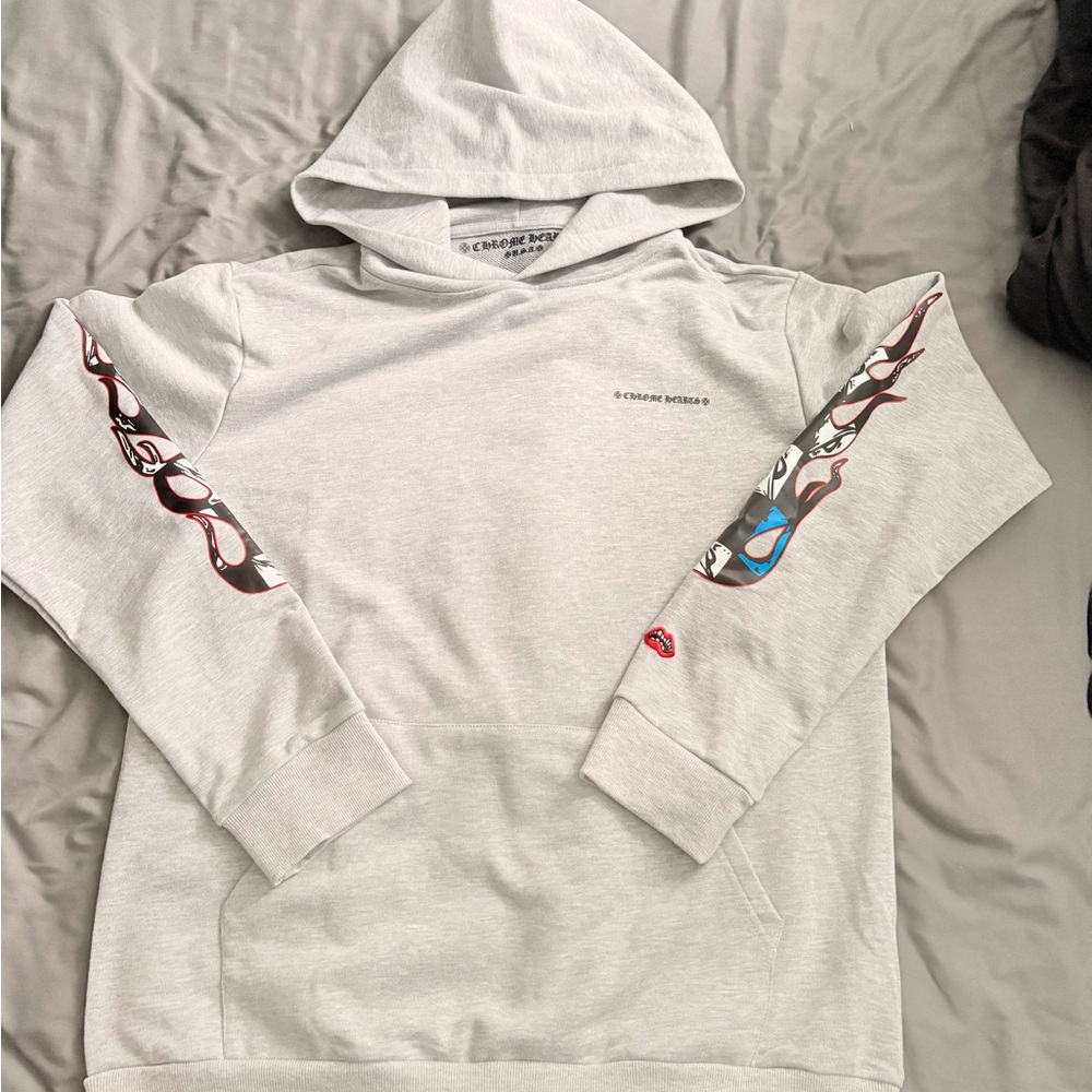 Gray Hooded Sweater with Graphic Sleeves